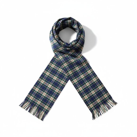 Pendleton Tartan VTG USA Muffler Scarf Green Virgin Wool Fringe Hem Academic - Picture 1 of 6